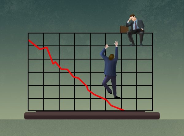 Grafika 2D - wykres obrazujący spadek i dwóch biznesmenów w garniturach (jeden siedzi zmartwiony na wykresie, drugi próbuje się do niego wspiąć)